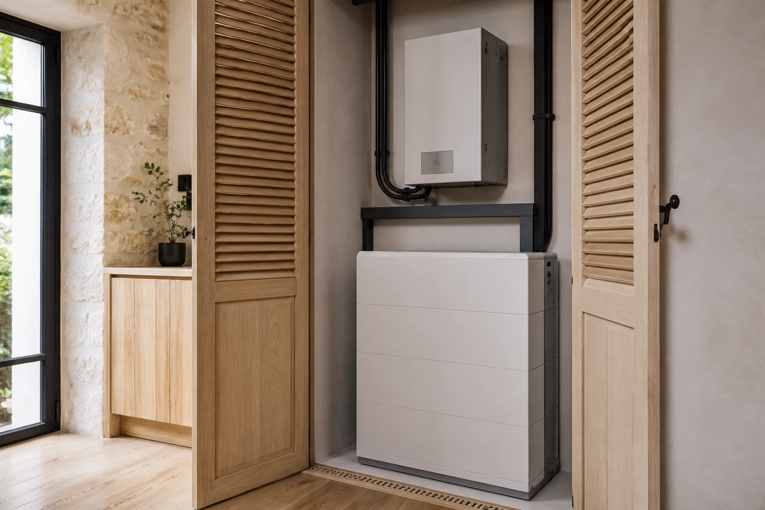 Stockage solaire domestique en option Batterie résidentielle et onduleur hybride installés dans un local technique ventilé