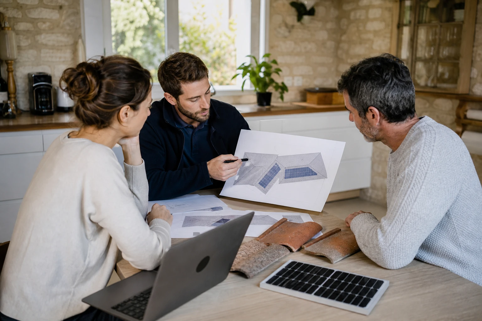 Conseiller solaire échangeant avec un couple autour d'un relevé de toiture