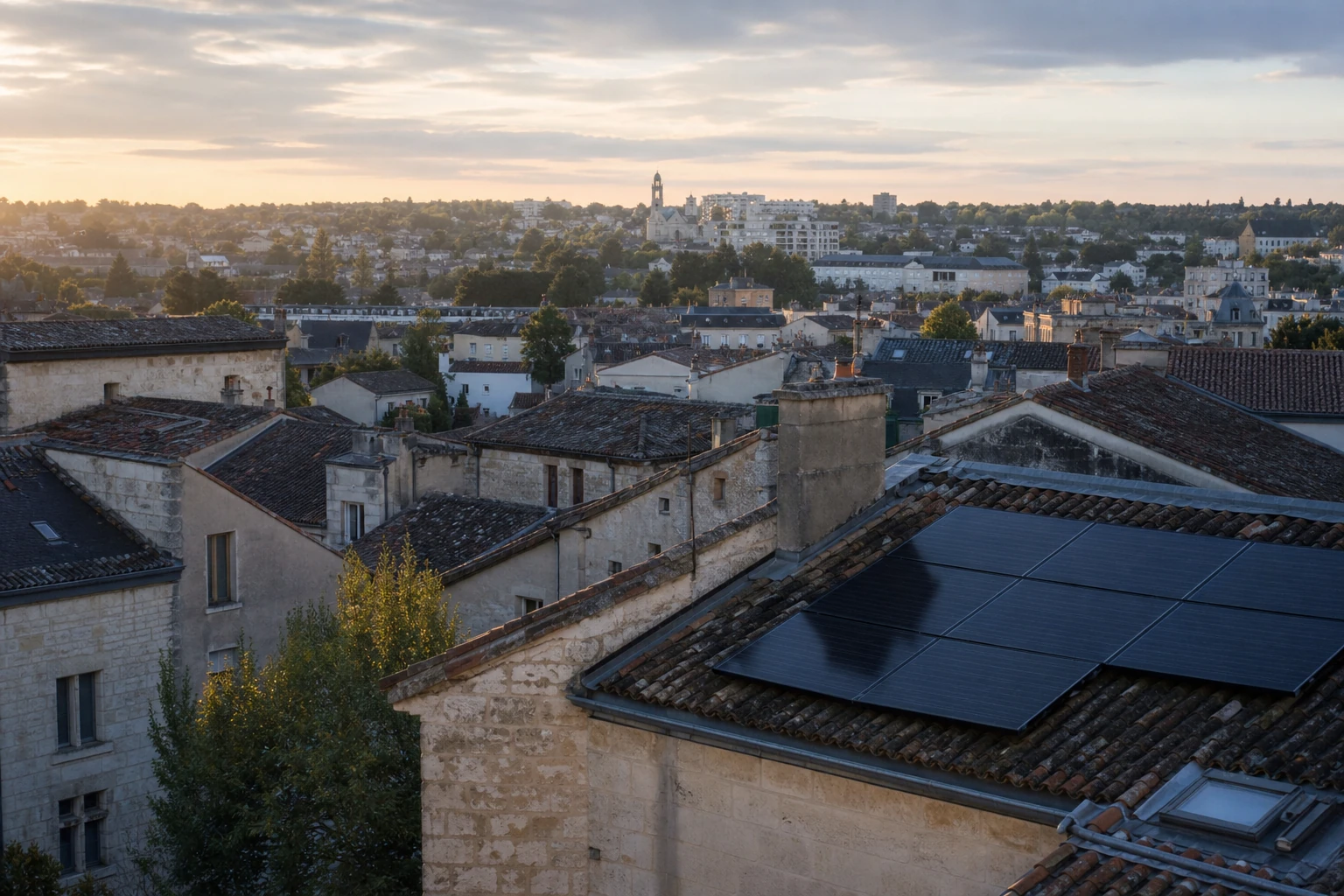 Toits en pierre et en tuiles de Périgueux avec une installation photovoltaïque au premier plan